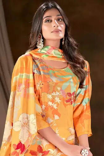 Yellow cotton printed kurta with pant & dupatta