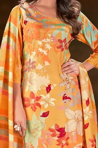Yellow cotton printed kurta with pant & dupatta