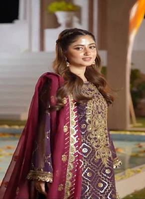 Purple faux georgette embroidered kurta with pant & dupatta 1