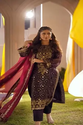 Purple faux georgette embroidered kurta with pant & dupatta
