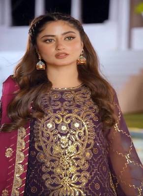 Purple faux georgette embroidered kurta with pant & dupatta 4