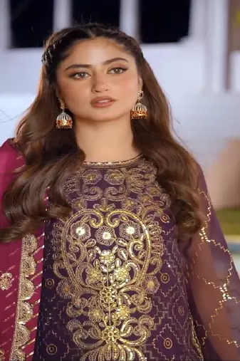 Purple faux georgette embroidered kurta with pant & dupatta