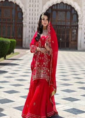Red faux georgette embroidered kurta with pant & dupatta 1