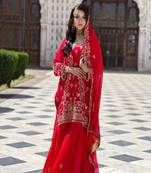Red faux georgette embroidered kurta with pant & dupatta