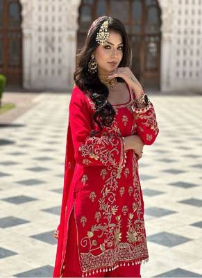 Red faux georgette embroidered kurta with pant & dupatta 2