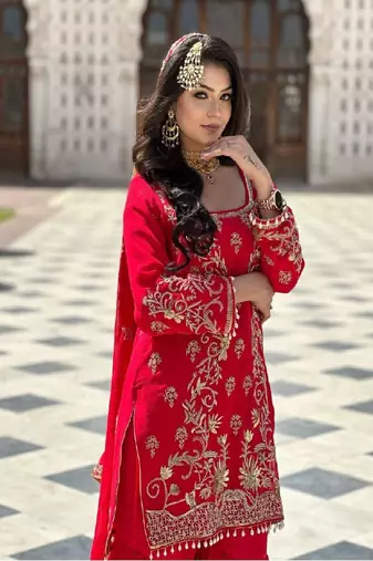 Red faux georgette embroidered kurta with pant & dupatta