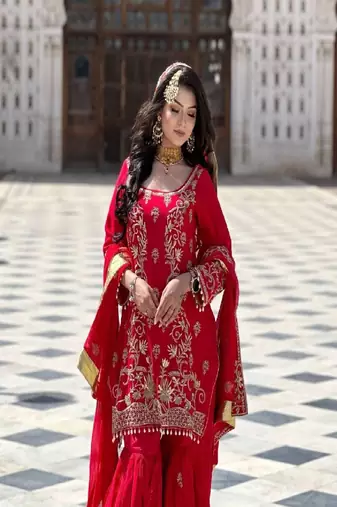 Red faux georgette embroidered kurta with pant & dupatta