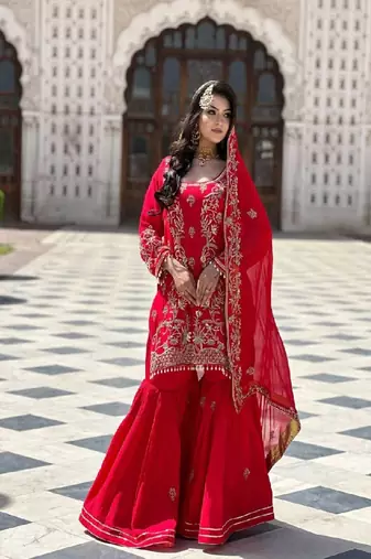 Red faux georgette embroidered kurta with pant & dupatta