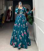 Teal Green Georgette Floral Print Stitched Gown