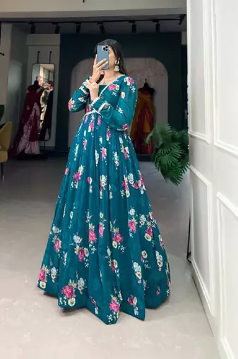 Teal Green Georgette Floral Print Stitched Gown