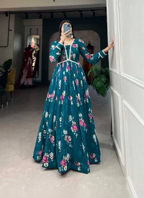 Teal Green Georgette Floral Print Stitched Gown 3
