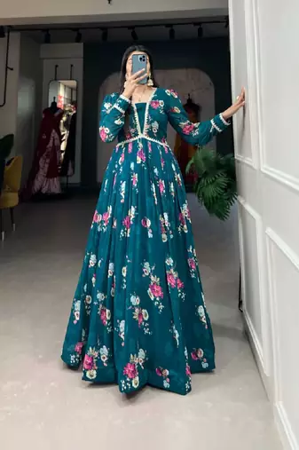 Teal Green Georgette Floral Print Stitched Gown