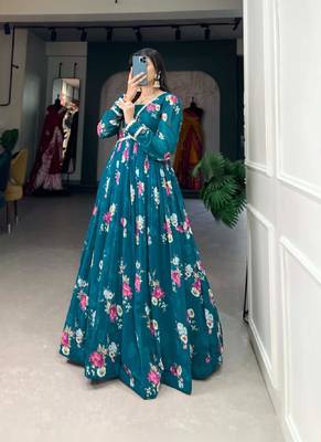 Teal Green Georgette Floral Print Stitched Gown 4