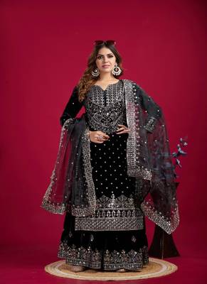 Obsidian Black Viscose Embroidered Kurta Pant Dupatta Set 1