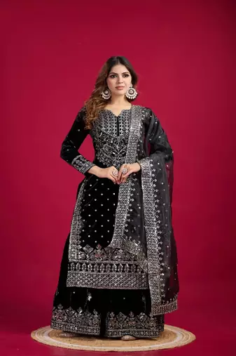 Obsidian Black Viscose Embroidered Kurta Pant Dupatta Set