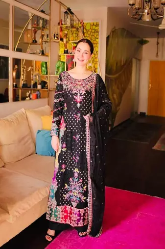 Black faux georgette embroidered kurta with pant & dupatta