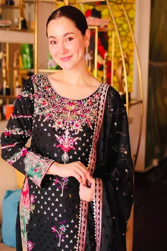 Black faux georgette embroidered kurta with pant & dupatta