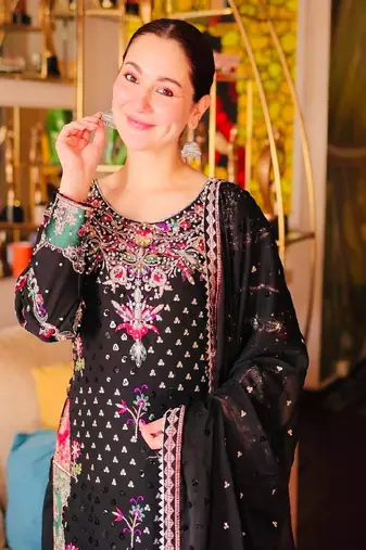 Black faux georgette embroidered kurta with pant & dupatta