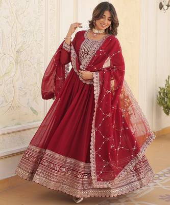 Maroon Georgette Gown with Duppata Stitched 2