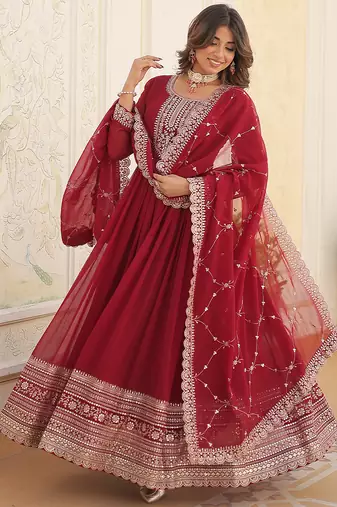 Maroon Georgette Gown with Duppata Stitched