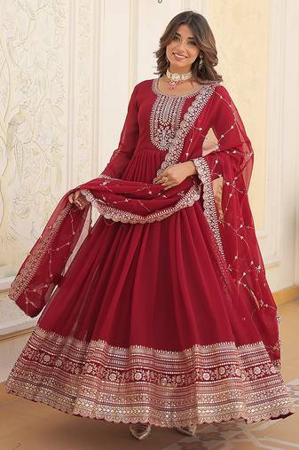 Maroon Georgette Gown with Duppata Stitched