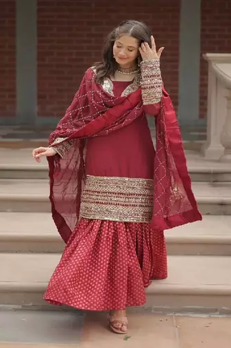 Maroon viscose embroidered kurta with pant & dupatta