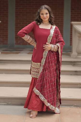 Maroon viscose embroidered kurta with pant & dupatta