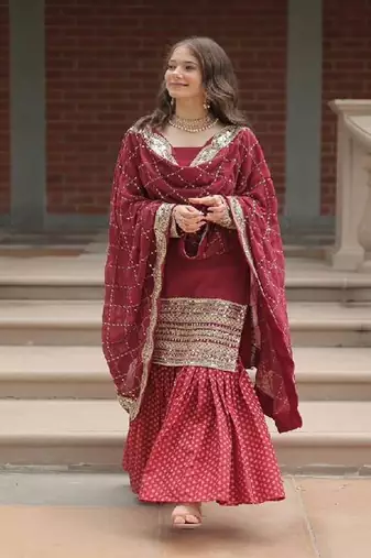 Maroon viscose embroidered kurta with pant & dupatta