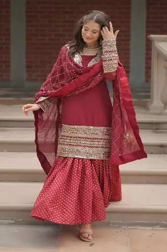 Maroon viscose embroidered kurta with pant & dupatta