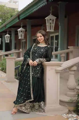 Green art silk embroidered kurta with pant & dupatta