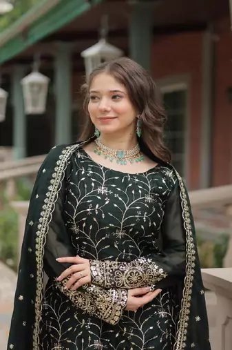 Green art silk embroidered kurta with pant & dupatta