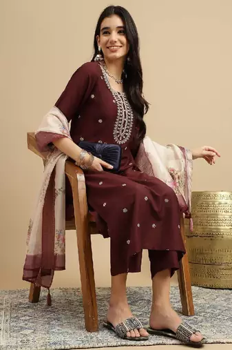 Brown rayon digital print kurta wih pant & dupatta