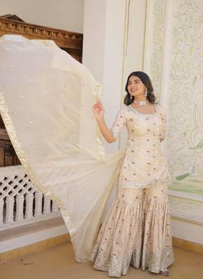 Ethereal Off White Art Silk Embroidered Kurta Pant Dupatta Set 3