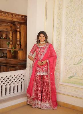 Rani Pink Silk Kurta Pant Set with Dupatta 2