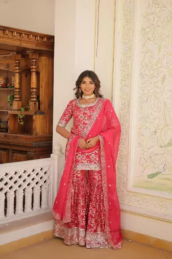 Rani Pink Silk Kurta Pant Set with Dupatta