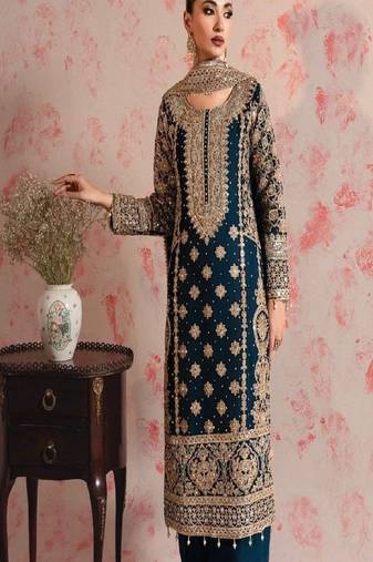 Teal faux georgette thread embroidery kurta wih pant & duppata