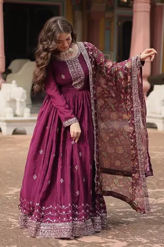 Royal Wine Silk Gown with Dupatta