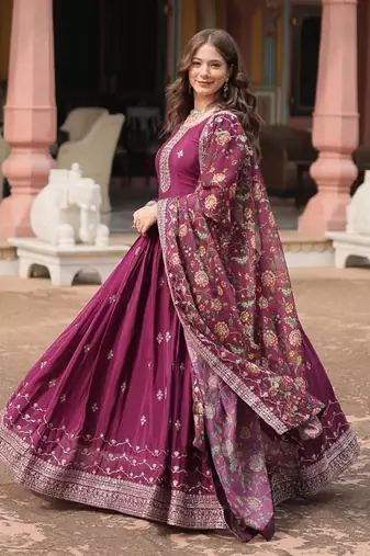 Royal Wine Silk Gown with Dupatta