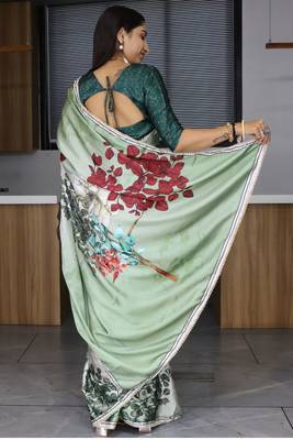 L-green printed satin pearl lace saree with unstitched blose 3