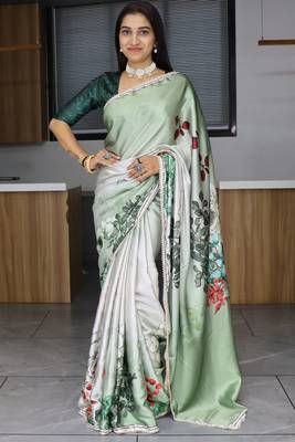 L-green printed satin pearl lace saree with unstitched blose 4