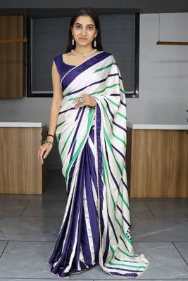 Ryl blue printed satin pearl lace saree with  unstitched blouse 2