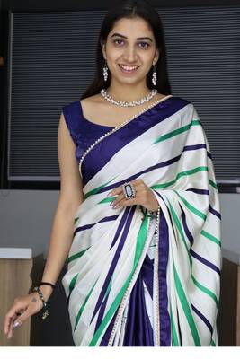 Ryl blue printed satin pearl lace saree with  unstitched blouse 1