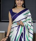 Ryl blue printed satin pearl lace saree with  unstitched blouse