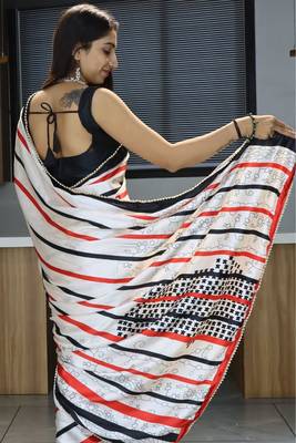 Red printed satin pearl lace saree with  unstitched blouse 1