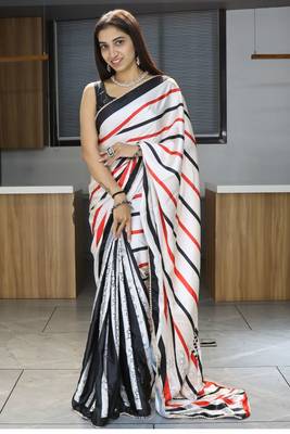 Red printed satin pearl lace saree with  unstitched blouse 4