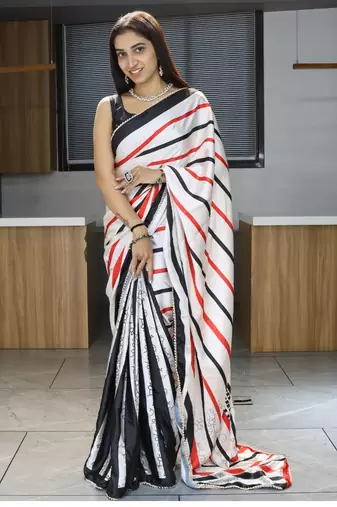 Red printed satin pearl lace saree with  unstitched blouse