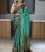 Green printed satin moti lacepearl saree with unstitched blouse