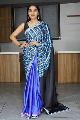 Blue  printed satin pearl lace saree with  unstitched blouse 2