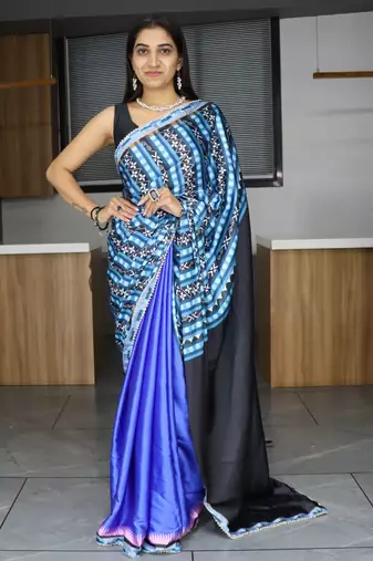 Blue  printed satin pearl lace saree with  unstitched blouse