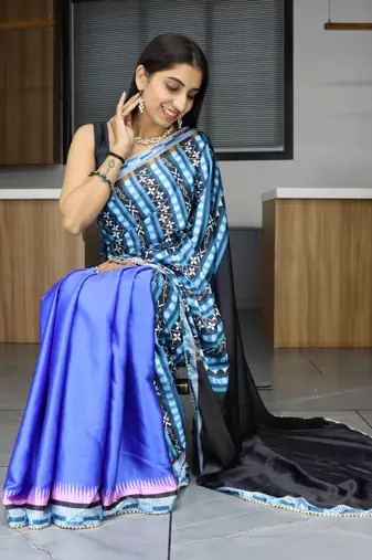 Blue  printed satin pearl lace saree with  unstitched blouse
